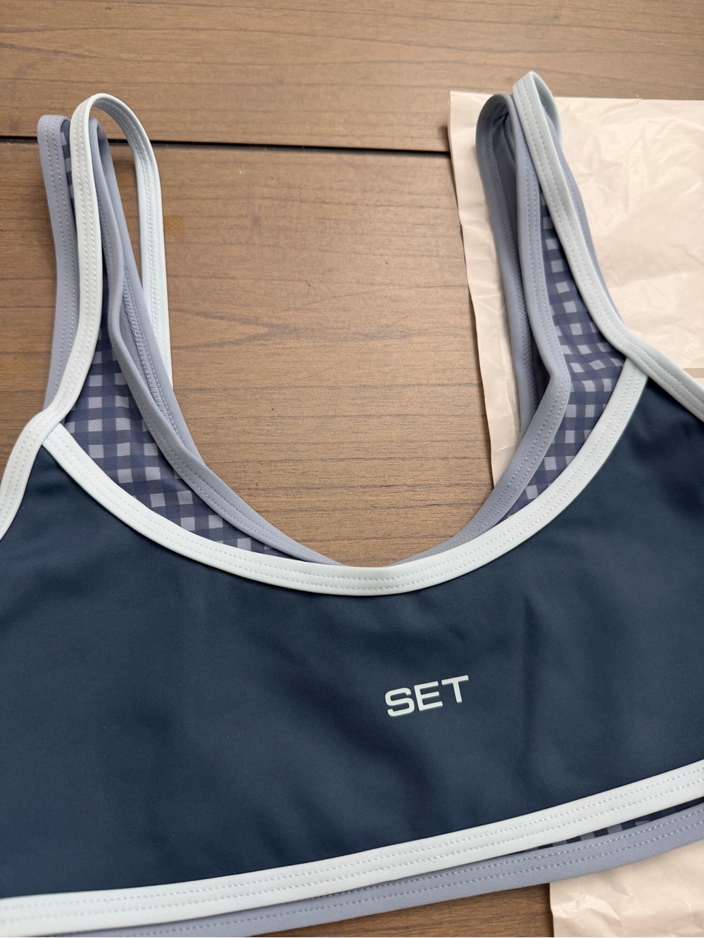 Set Active Luxform Lux Gingham Tempo Bra Blue Hammock Small BNWT Sold Out Gym - Picture 4 of 8